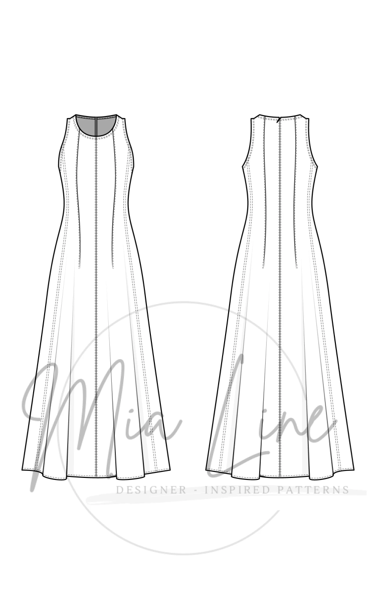 Technical drawing of a sleeveless dress with a high neck, princess seams, visible topstitching, and an invisible zipper. The designer's logo is featured on the bottom half of the image. 