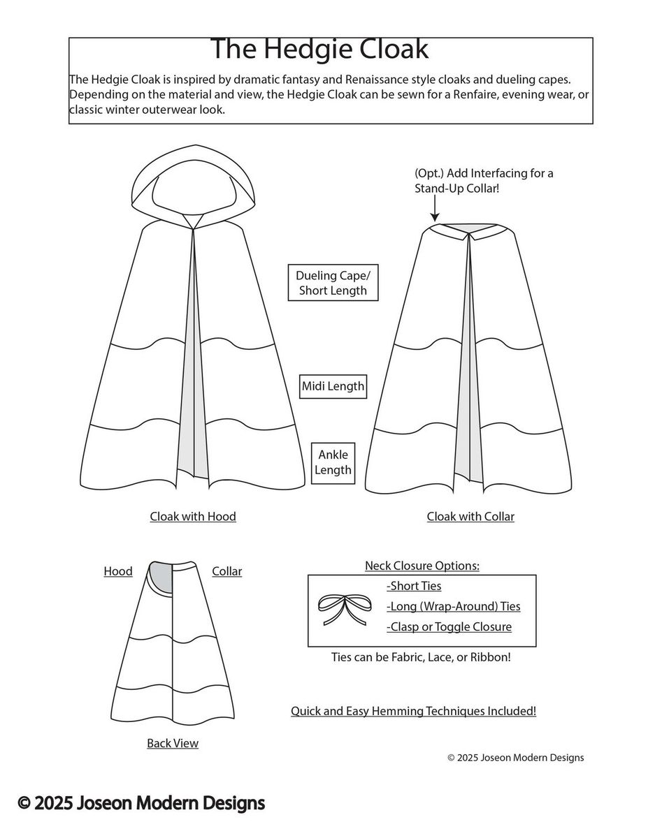 Hedgie Cloak Line Drawings depicting a few of the possible views.