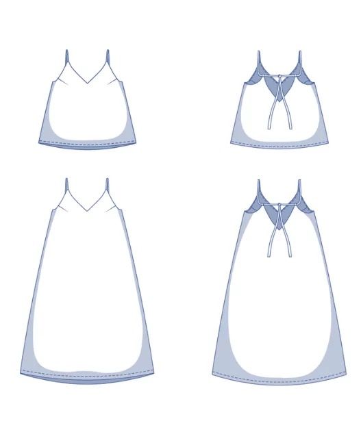 Pattern diagrams of a slip dress and vest top, all featuring bust darts, spaghetti straps which are short at the front, extending into a deep vneck and long at the back, extending into a deep v, tied in the middle back with back ties.