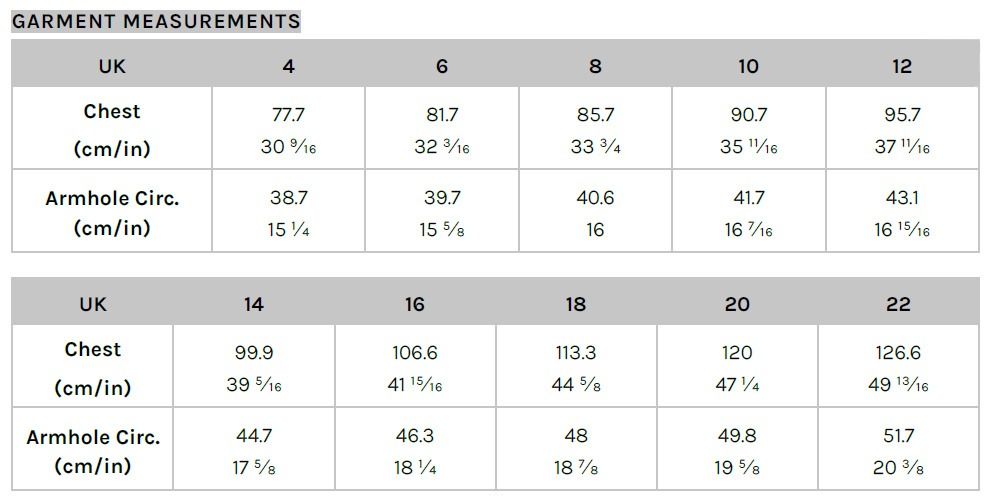 Garment measurement size chart in metric and imperial.