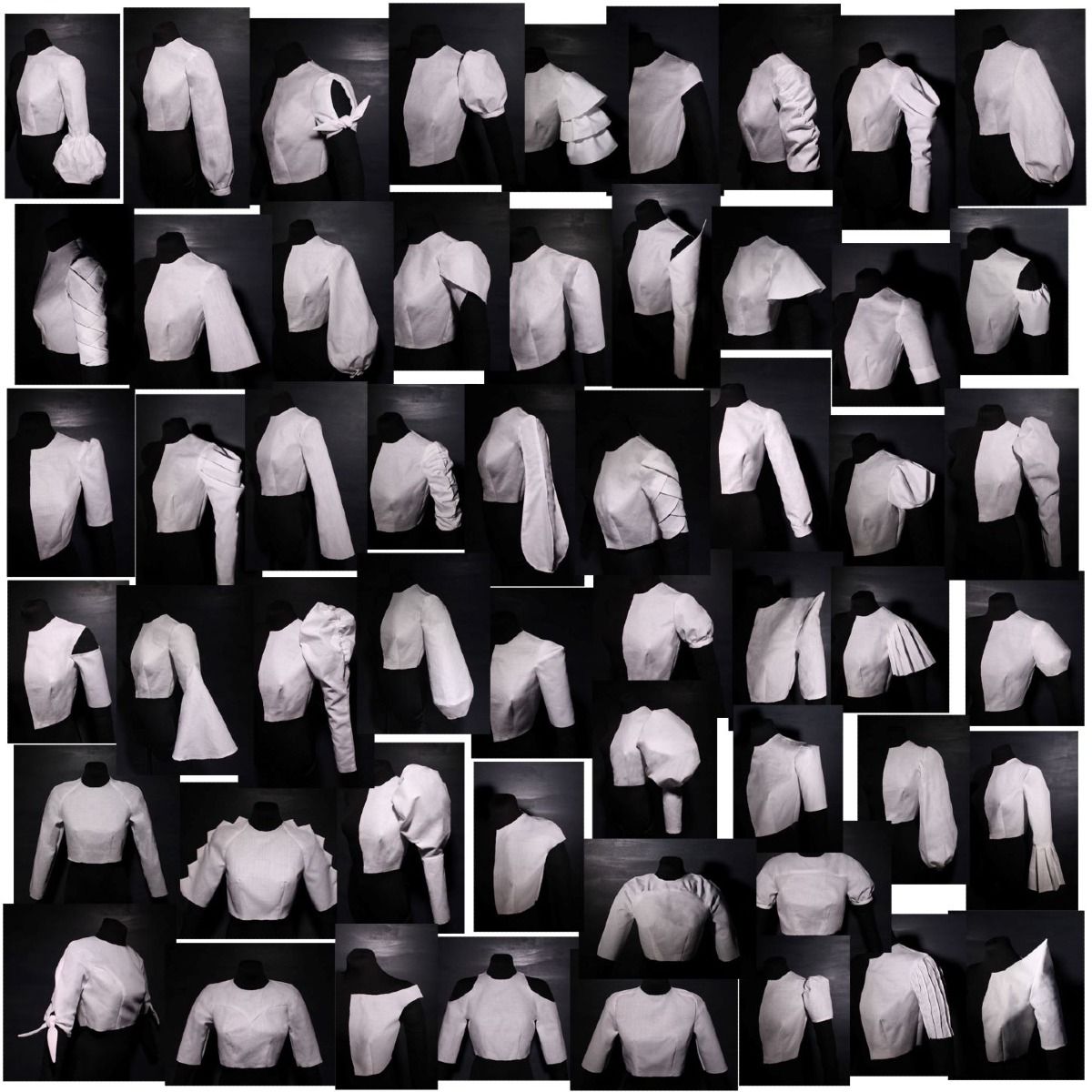 Collage of 50 sleeves made in white fabric on a black background.