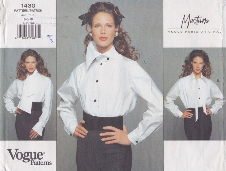 Pattern envelope cover showing all 3 views of the shirt sewn in white fabric on a dark blonde model.