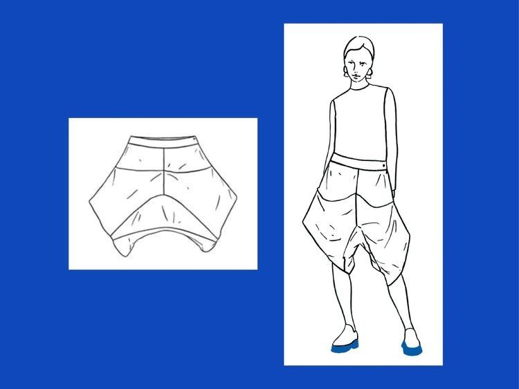 Black and white line drawings of the Leija trousers. Left image is the trousers as if they were flat. Right image is them being worn.