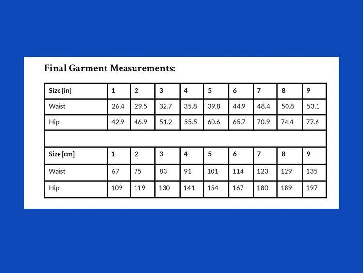 Final garment measurement charts