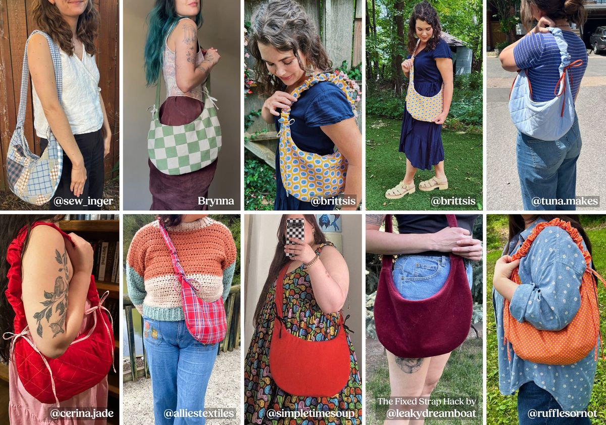10 different images showing the bags made by the pattern testers.