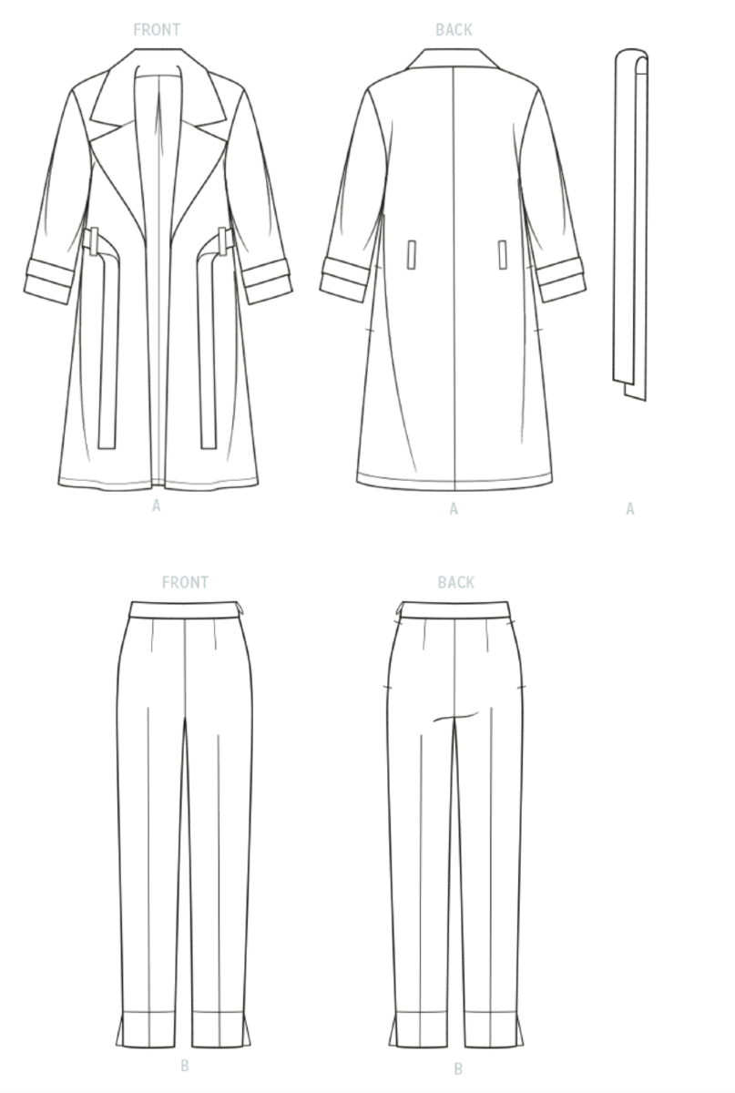 A line drawing of an oversized coat and slim, ankle-length trousers. 